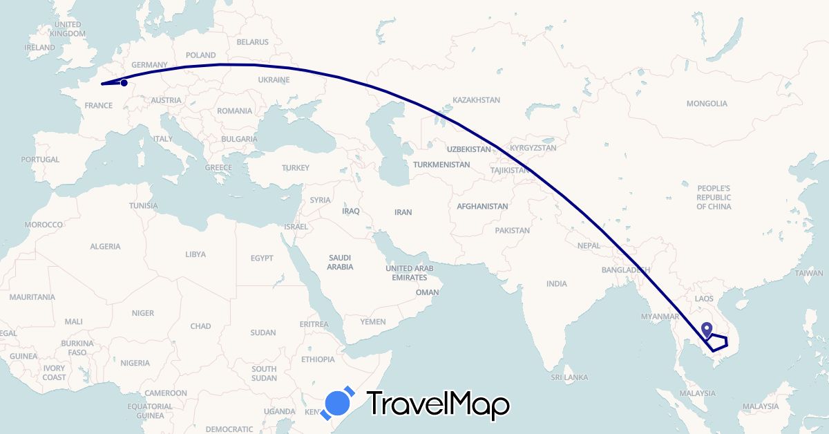 TravelMap itinerary: driving in France, Cambodia (Asia, Europe)